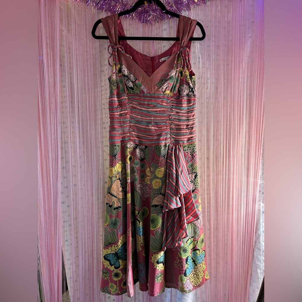 Nanette Lepore Pink and Green Patterned Midi Dress